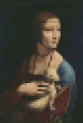 A pixelated depiction of a woman holding something in her arms.